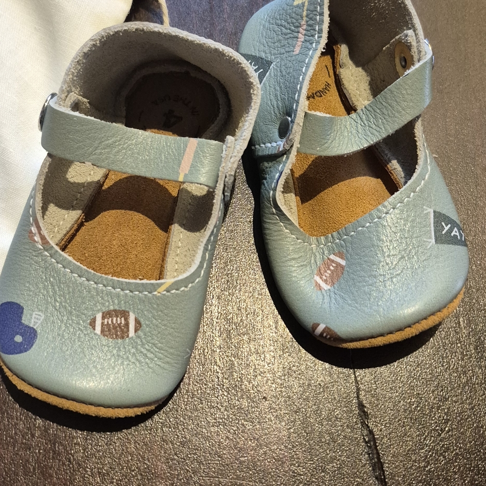 Mon Petit Leather Mary Jane Shoes in Light Blue with Football Print
